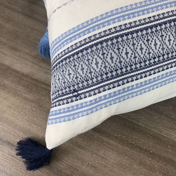 Lumbar Throw Pillow White Blue Boho Waterfowl Feather Striped Tasseled 16" x 24" - Picture 5 of 12